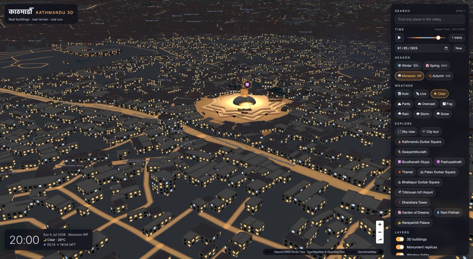 Boudhanath Stupa floodlit at night in the Kathmandu 3D map, with window and street lights glowing across the valley